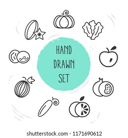 Set of fruit icons line style symbols with cucumber, orange, apple and other icons for your web mobile app logo design.
