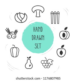 Set of fruit icons line style symbols with pear, bell pepper, acAI berries and other icons for your web mobile app logo design.