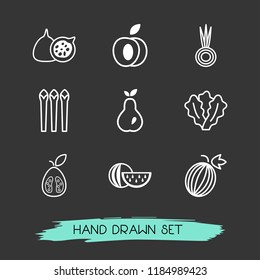 Set of fruit icons line style symbols with gooseberry, lettuce, asparagus and other icons for your web mobile app logo design.
