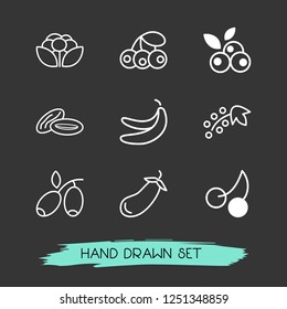 Set of fruit icons line style symbols with dates, eggplant, blueberries and other icons for your web mobile app logo design.