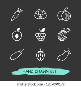 Set of fruit icons line style symbols with raspberry, carrot, lime and other icons for your web mobile app logo design.