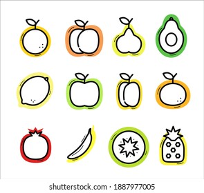 Set of fruit icons on a multi-colored background. Vector illustration