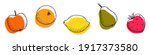 A set of fruit icons on a white background. Apple, orange, lemon, pear, strawberry. Fruit doodles are black with abstract colored shapes. Line drawing style. The objects are isolated. Vector.