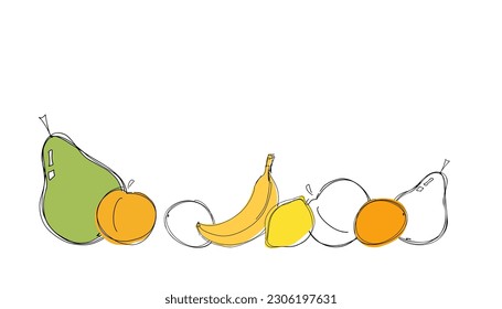 A set of fruit icons on a white background. Fruit doodles are black with abstract colored shapes. Line drawing style. The objects are isolated. Vector.