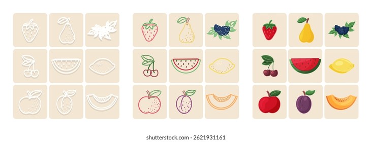Set of fruit icons in outline and color styles on beige background