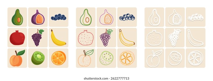 Set of fruit icons with outline and colored styles on beige background