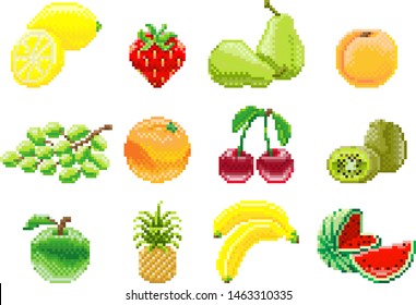 A set of fruit icons in a pixel 8 bit video game art style