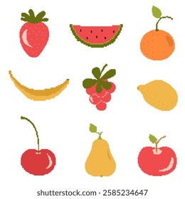 Set of fruit icons in pixel art style. Watermelon, banana, orange, cherry and more. 8 bit image. Retro game