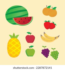 set of fruit icons - watermelon, orange, strawberry, apple, pineapple, banana, green grape, grape