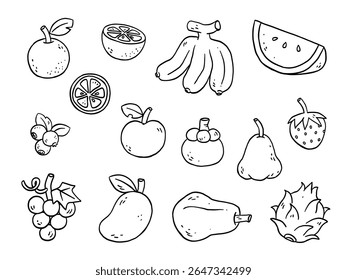 conjunto de ilustração de frutas, estilo de rabiscar e arte de linha, conceito de comida e bebida