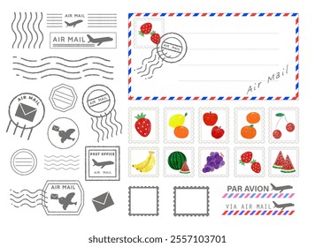 Set of fruit illustration stamps and airmail postmark designs