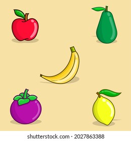 Satz von Obstgrafik-Vektorgrafik. Apfel, Avocado, Mangostanen, Banane, Zitronenobst für die Speisekarte, grafisches Element