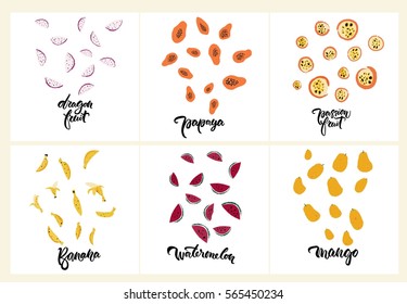 Set of fruit illustrations: dragon fruit, mango, papaya, passion fruit, banana, watermelon. Summer cute pattern, healthy vector vegan food. For the prints, carrying case, bags, wrapping paper, logo.