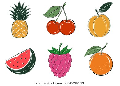 A set of fruit illustrations including watermelon, cherries, raspberries, and oranges. The fruits are drawn in a stylized, cartoonish way