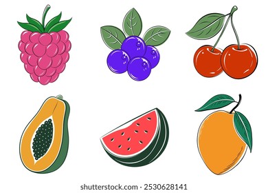 A set of fruit illustrations, including watermelon, raspberries, blueberries, cherries, and oranges