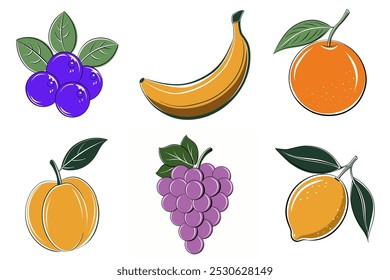 A set of fruit images, including a banana, orange, and plum. The images are stylized and colorful, with a focus on the fruit itself
