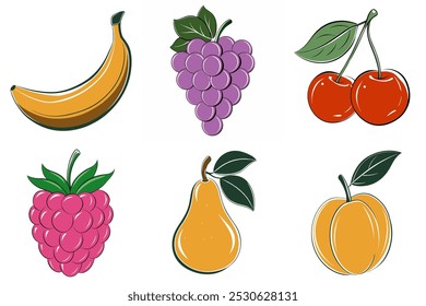 A set of fruit images, including bananas, grapes, cherries, and pears. The images are drawn in a stylized, cartoonish way