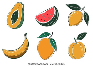 A set of fruit images, including bananas, watermelon, and oranges. The images are stylized and colorful, with a focus on the fruit itself rather than realistic details