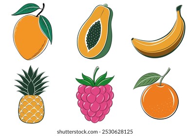 A set of fruit images, including a pineapple, a raspberry, a banana, and an orange