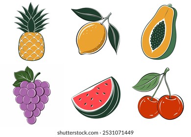 A set of fruit images, including a watermelon, a pineapple, a lemon, a grape, a cherry, and a papaya