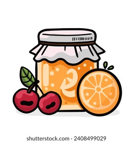Set and set of fruit jam. Delicious jam in jars. Different flavors of jam: strawberry, kiwi, orange, grapes, blueberry, cherry, raspberry.