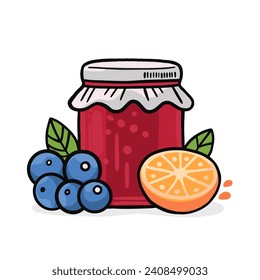 Set and set of fruit jam. Delicious jam in jars. Different flavors of jam: strawberry, kiwi, orange, grapes, blueberry, cherry, raspberry.