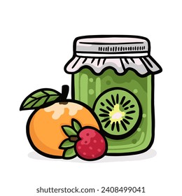 Set and set of fruit jam. Delicious jam in jars. Different flavors of jam: strawberry, kiwi, orange, grapes, blueberry, cherry, raspberry.