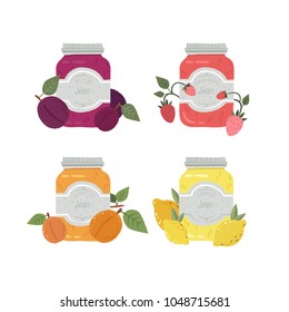 Set of fruit jam glass jars isolated on white background. Delicious homemade fruit jam. Vector hand drawn illustration.