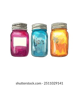 A set of fruit jam in glass jars. Vector cartoon flat illustration with free space. Isolated on a white background