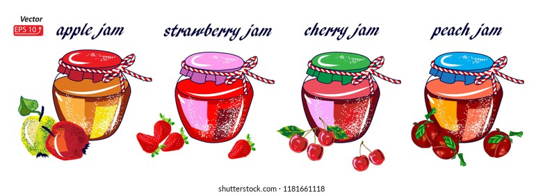 Set fruit  jam in a jar,  isolated on white background, home harvesting of apple,  strawberry, cherry, peach vector illustration