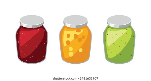 Set of fruit jams in glass isolated on white background.