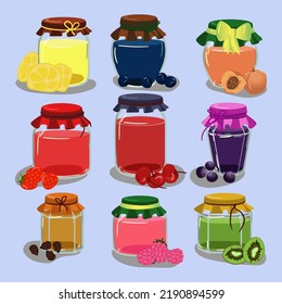 A set of fruit jams in glass jars in cartoon style. Kiwi, raspberry, pine cones, cherry, black currant, blueberry, strawberry, cherry, peach. Used for children's illustration, kitchen, food illustrati