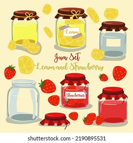 A set of fruit jams in glass jars in cartoon style. Lemon and strawberry with fruit elements. Used for children's illustration, kitchen, food illustration.