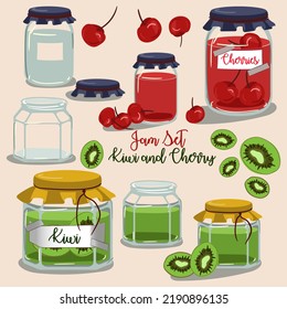 A set of fruit jams in glass jars in cartoon style. Kiwi and cherry with fruit elements. Used for children's illustration, kitchen, food illustration.