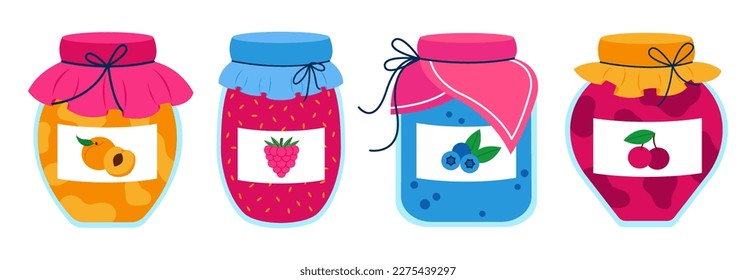 Set of fruit jams in glass jars isolated on white background. Conservation collection in flat style.