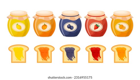 Embalse de fruta en frascos de vidrio. Jelly o mermelada con pan tostado. Confitura vectorial en un estilo moderno y plano.