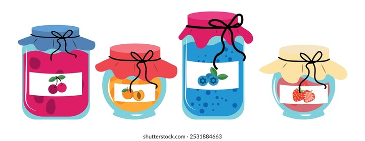 Set of fruit jams in glass jars isolated on white background. Conservation collection in flat style vector illustration.