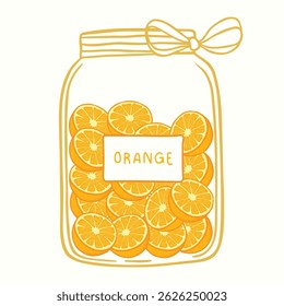  A set of fruit jams in glass jars in cartoon style. Orange confiture in glass container. Used for kitchen, food illustration.