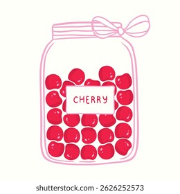 A set of fruit jams in glass jars in cartoon style. Cherry confiture in glass container. Used for kitchen, food illustration.