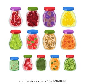 Set of fruit jar collection, Preserved vegetables and fruits in jar, Jars with pickled, pepper, berries, tomato, mushroom, peach, cucumber, strawberry, orange, kiwi. Canning Fruit jar collection.