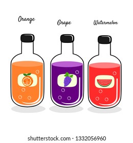Set of fruit juice in bottle vector,orange,grape,watermelon
,healthy drink.
