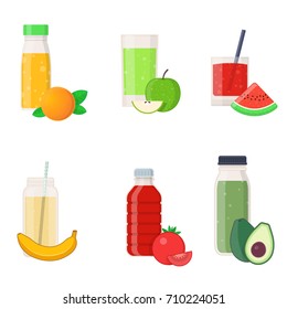 Set of fruit juice in bottles and glasses on white background. Vector illustration