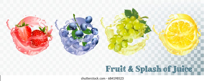 Set Of Fruit Juice Splash . Blueberry, Strawberry, Grapes And Citron. Vector