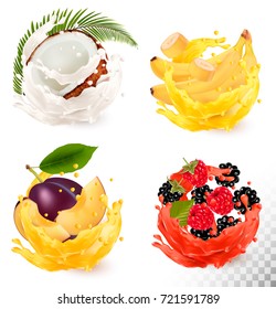 Set of fruit juice splash. Coconut, strawberry, banana, plum, blackberry, raspberry, Vector
