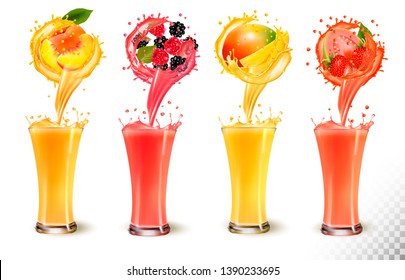 Set Of Fruit Juice Splash In A Glass. Strawberry, Peach, Raspberry, Mango, Blackberry And Guava. Vector