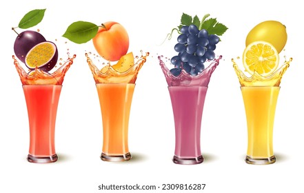 Set of fruit juice splash in a glass. passion fruit, apricot, grape, lemon. Vector