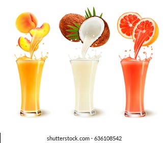 Set of fruit juice splash in a glass. Peach, coconut and grapefruit. Vector