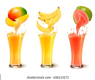 Set Of Fruit Juice Splash In A Glass. Mango, Banana And Guava. Vector