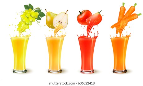 Set of fruit juice splash in a glass. Grapes, pear, tomato and carot. Vector