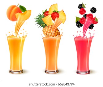 Set of fruit juice splash in a glass. Apricot, pineapple, strawberry, raspberry and blackberry.
 Vector